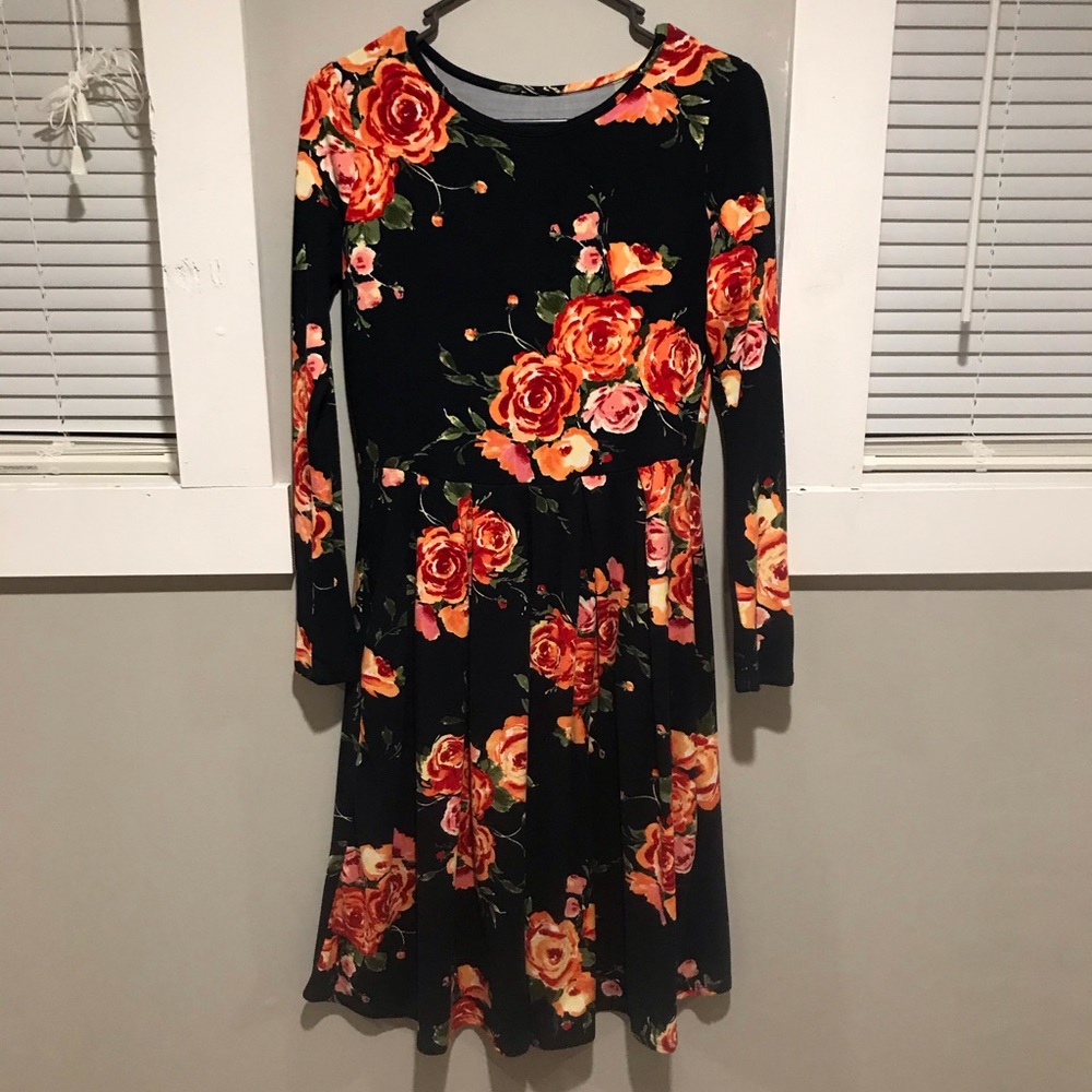 Navy Midi Dress with Coral Flowers